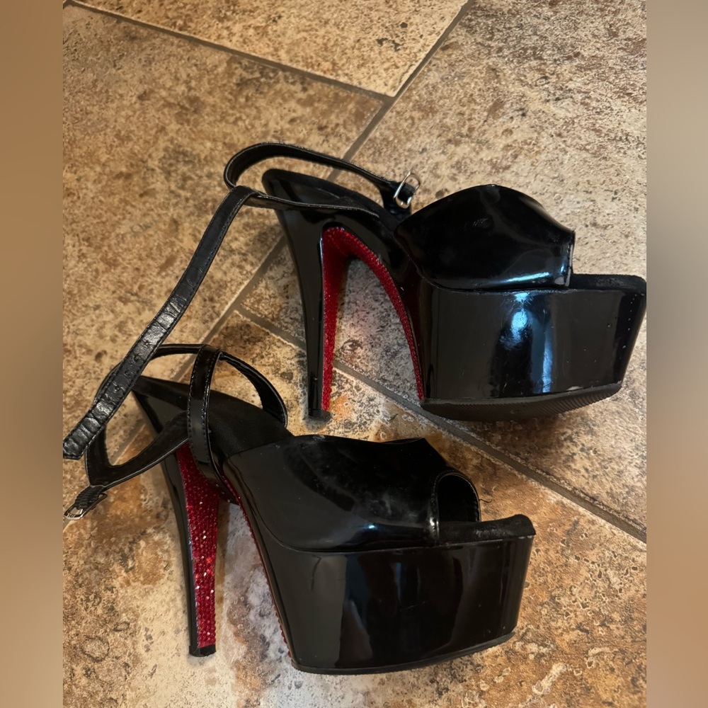 Pleaser stripper heels red bedazzled sole black patent